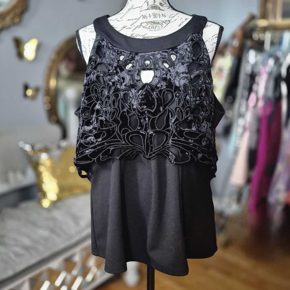7th Avenue Studio Whimsigoth Goth Black Velvet Blouse with Cut-out Details XL